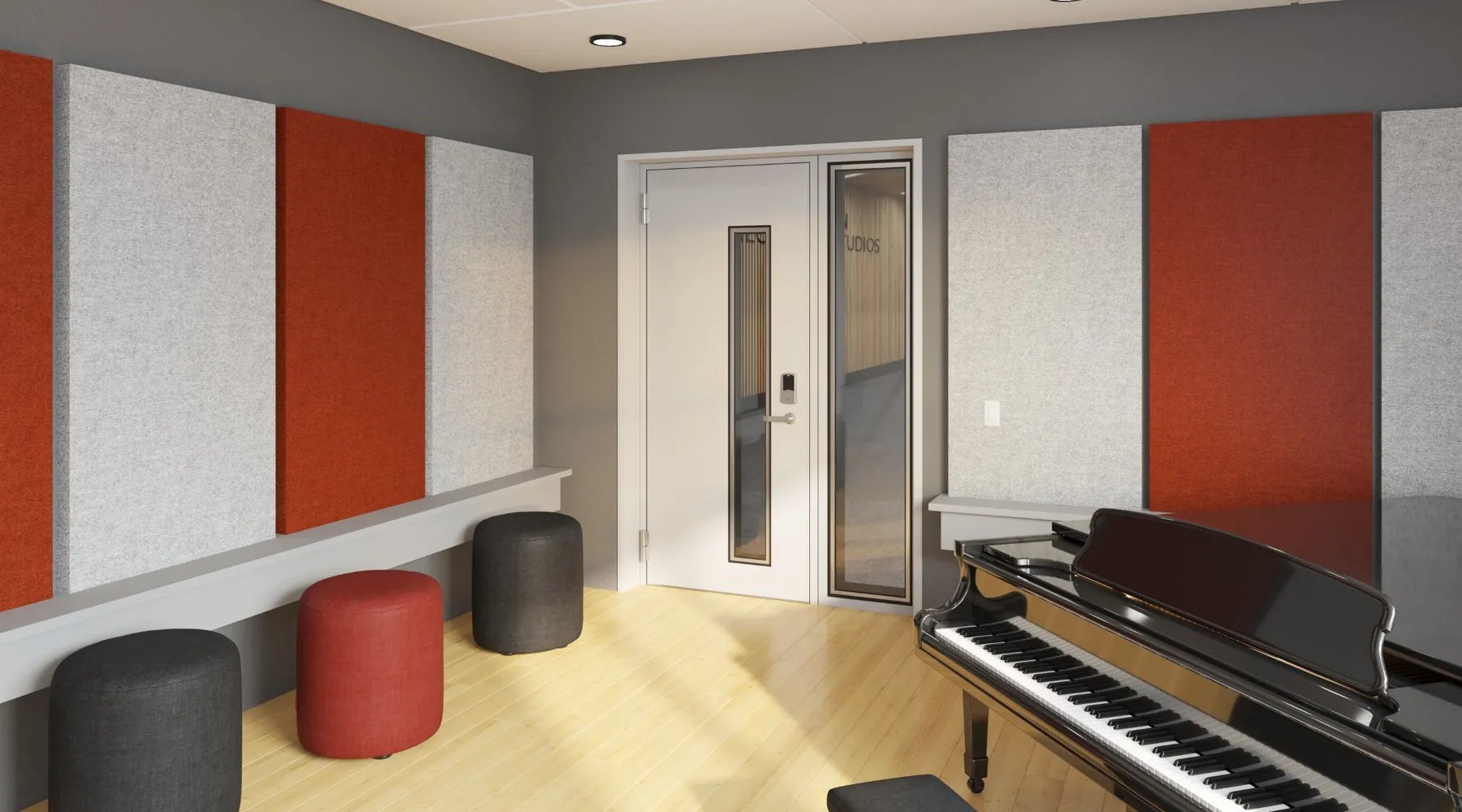 Music room with piano behind an acoustic door