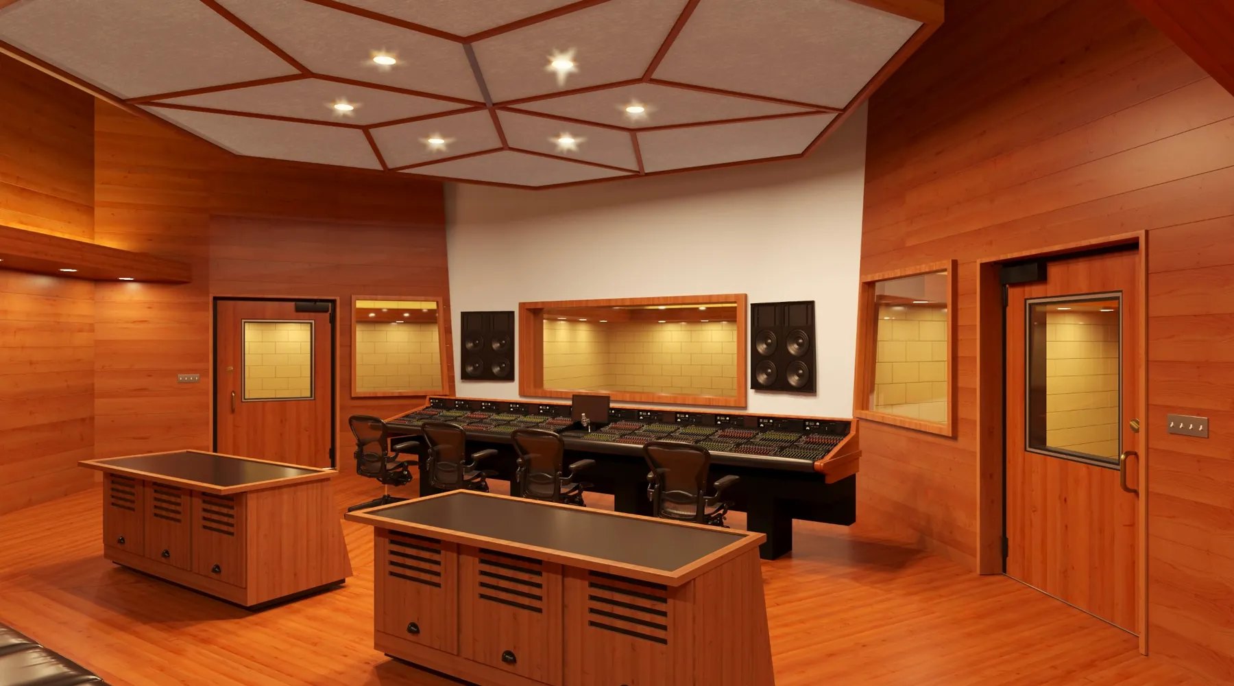 Recording studio control room with acoustic door and wood walls