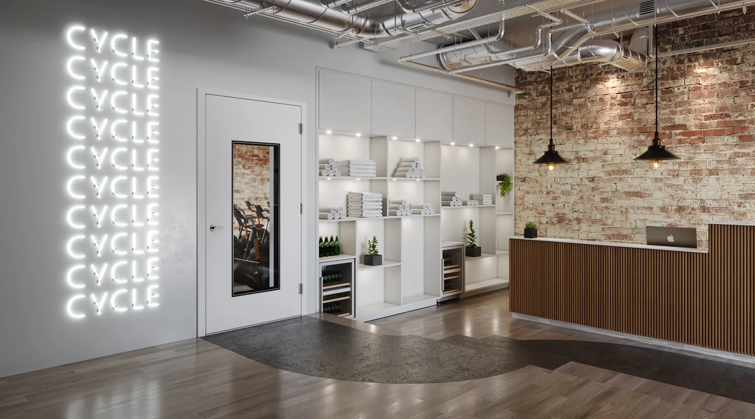 Fitness studio reception with acoustic doors