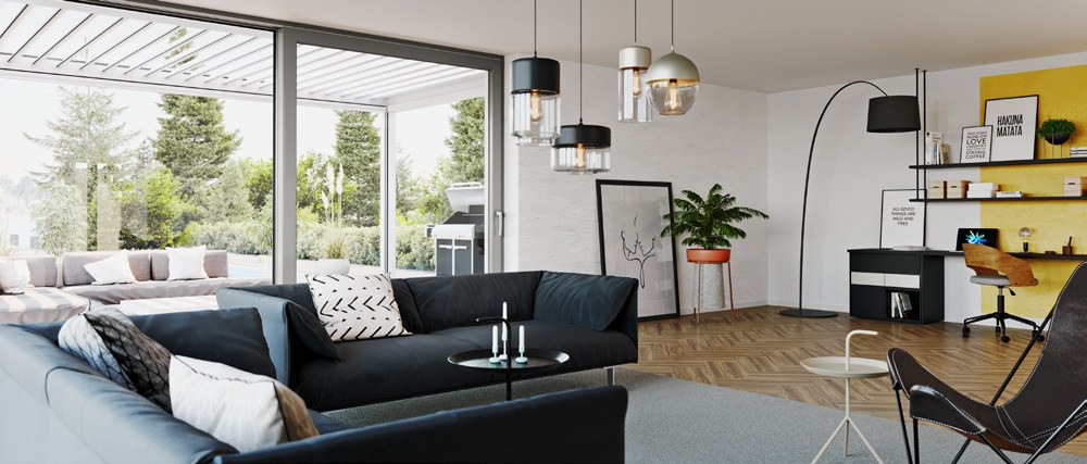 Floor-to-ceiling uPVC sliding doors to a covered terrace